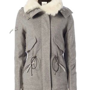 SAM. Light Gray Utility Jacket with Cream Fur Collar